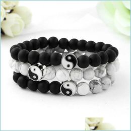 Beaded Strands Yin Yang Beaded Bracelets For Men Lucky Couple Bracelet Women Black White Onyx Stone Beads Psera Bangle Jewellery C3 D Dhtjh