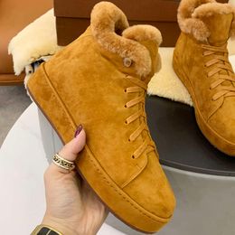 2023 High Quality Leather Fabric Wool Lining Winter Warming Casual Versatile Flat Comfort Lace Up Booties