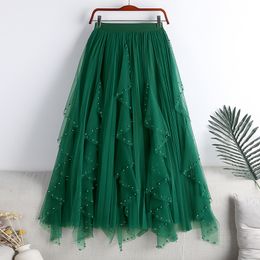 Skirts Tulle Pleated Skirts for Women Spring Summer Casual Irregular Beading A Line High Waist Mesh Midi Long Skirts Female Green 230418