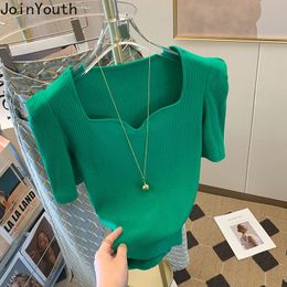 Women's T-Shirt Solid Color Square Collar Woman Tshirts Ropa Mujer Short Sleeve Tunic Knitted T Shirts Summer Tops Fashion Korean Tees 230418