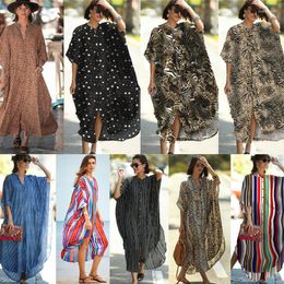 Women's Swimwear Plus Size Bikini Cover-ups Print Tunic Kaftan Sexy Stripe Maxi Dress With Button Summer Beach Elegant Cardigan Swim