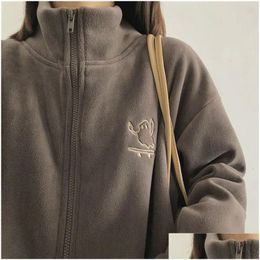 Women'S Jackets Womens Y2K Women Embroidery Zip Up Hoodie Fleece Jacket Thick Warm Winter Plush Zipper Sweatshirt Outwear Hoodies To Dhmvo