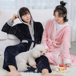 Women's Sleepwear Couple Winter Hooded Robe Nightwear Flannel Kimono Bathrobe Gown Home Clothing Men&Women Warm Long Nightgown