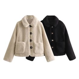 Womens Jackets Zach Ailsa Winter Casual Loose Pocket Decoration Polo Collar Fleece Lamb Wool Warm Jacket Coat 231118