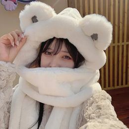 Hats Scarves Sets Winter Thickened Bear Hats Scarf All-in-one Female Korean Style Cute Fashion Cycling Ourdoor Warm Gloves Fleece Three-piece Set 231118