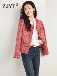 Women's Jackets ZJYT Red Vintage Tweed Woollen Jacket for Women Autumn Winter Elegant O Neck Short Outerwear Veste Femme Office Casual Party 231117