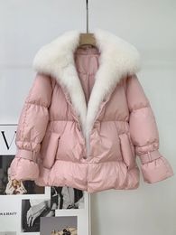 Women's Fur Faux 2023 Winter Women Fashion White Duck Down Jacket Solid Warm Loose Streetwear Removable Real Natural Collar Coat 231117