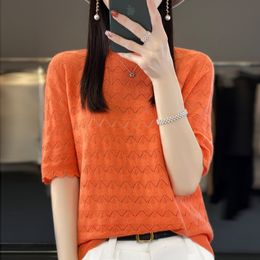 Women's T-Shirt Women's Round Neck T-shirt Seamless 100% Fine Imitation Wool Knitted Top W Hollow Out Solid Colour Casual Pullover Short Sleeves 230418