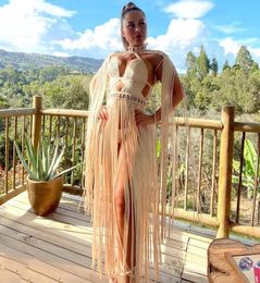 Casual Dresses Beachapche White Womens Turtleneck Long Tassel Sexy Perspective Design Maxi Fashion Nightclub Runway Macrame 230418