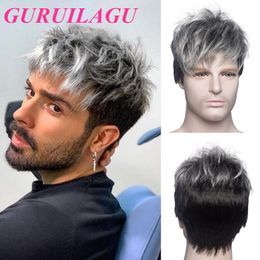 Synthetic Wigs GURUILAGU Short for Men Daily Cosplay Straight Hair s Gray Black Pixie Cut With Bangs 230417