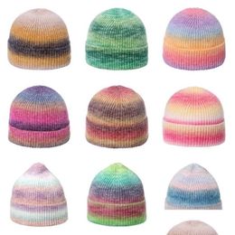 Beanie/Skull Caps Many Colours Tie Dye Knitted Beanies Women Autumn Winter Thick Warm Hat Rainbow Hats Girl Outdoor Cap Drop Delivery Dhygn