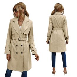 Women's Jackets Fashion Women Casual Solid Colour Coat Adults Autumn Elagant Long Sleeve Lapel NeckDouble Breasted Belted Trench 230418