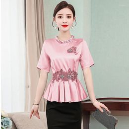 Women's Blouses Korean Women Lace Bead Embroidery Tops Elegant Ruffled Shirt Short-sleeve Fashion Satin Woman Pullover Blouse Blusa M-5XL