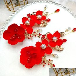 Hair Accessories Red Flower Clips Simple Pearl Crystal Hairpins Women Barrette Wedding Marriage Bride Headwear Fashion Drop Delivery Dhtg9