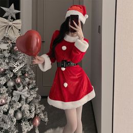 Женская дизайнерская рождественская униформа, бархатное спальное платье с открытой спиной, сексуальный комплект для ролевых игр, ажурное спальное платье