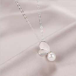 Chains Fashion Korean Leaf Pearl Necklace For Woman Elgant Ladies Jewellery Wedding Party Accessories Silver Colour Sale SN194