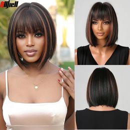 Synthetic Wigs Black Straight Hair with Bangs Short Bob Red Highlights for Women Daily Cosplay Natural Wig Heat Resistant 230417