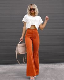 Women's Pants Capris Corduroy Pants for Women Solid High Waist Flare Pants Casual Stretchy Straight Bell Bottom Trousers with Pockets Autumn Winter 230417