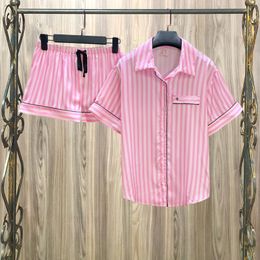 Summer Pyjamas for Women Satin Silk Stripes Sleepwear Pyjamas Short Pink Loungewear Pjamas Ladies Home Suit Homewear Woman 220708