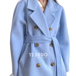 Women's Wool Blend Beautiful Classic Sky Blue Thicken Warm Winter Woolen Cashmere Long Coat Double Breasted Laceup With Belt Overcoat 231118