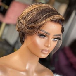 Lace Wigs Short Bob Pixie Cut Straight Human Hair T Part Transparent For Women Highlight 230417