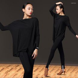 Stage Wear 2023 Latin Dance Tops For Women Loose Long-Sleeved Black Shirt Practise Clothes Chacha Samba Costumes DQS8681