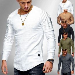 Men's T Shirts T-shirt Men's Fashion Solid Colour Slim Fit Casual Pleated Long Sleeve Boys' Round Neck Striped