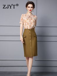 Two Piece Dress ZJYT Lady Office Pencil Skirt Top Set Women 2023 Summer Sets Outfit Elegant Print Blouse Conjuntos De Falda 230418