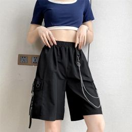 Women's Shorts Women's Summer Shorts Casual Ribbons Black Bermuda Shorts For Girls Knee Length Pants with chain 230418