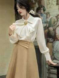 Work Dresses Modern French Style Office Lady Outfits Vintage Lantern Sleeve Casual Shirt Tops Elegant Midi Skirt Woman 2 Piece Set Formal