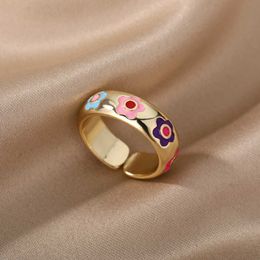 Band Rings Colorful Enamel Flower Rings For Women Stainless Steel Open Adjustable Floral Finger Ring Wedding Band Couple Jewelry Anillos AA230417