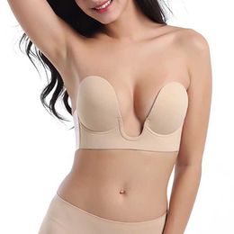 Bras Strapless Bras Invisible Push Up Bra Silicone Brassiere Deep U Underwear Dress Wedding Party Sticky Self-adhesive P230417