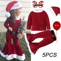 Clothing Sets Baby Girls Christmas Dress up Set Santa Claus Long Sleeve Velvet Suit Carnival Party Kid Costume Top Flared Pants Cap Clothes 231117