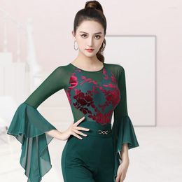 Stage Wear Latin Dance Bodysuit Mesh Sleeve Sexy Ballroom Peformance Clothes Cha Flower Dancewear ZY65