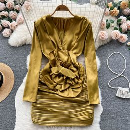 Casual DressesSpring Celebrity Dress Women V-neck Three-dimensional Flower Pleated Hip Long Sleeve Sexy Satin Mini Dresses vestido 2024