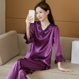 Women's Sleepwear Luxury Silk Pajamas for Women Summer V Neck Floral Print Home Suit Stain Pajama Set Woman Sleepwear Pijama Mujer Lace Pyjamas 230418