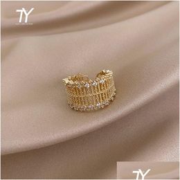 Band Rings Metal Exaggerated Hollow Mesh Inlaid Zircon Gold Open Rings For Woman Fashion Luxury Korean Jewellery Wedding Party Dhgarden Otw21