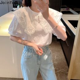 Women's T-Shirt White Shirts for Women Chic Hollow Out Peter Pan Collar Sweet Tshirt Oversized Fashion Loose Tops Y2k Clothes Korean T Shirt 230418