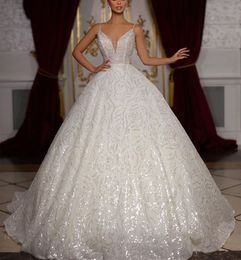 Sparkly Ball Gown Wedding Dresses V Neck Sleeveless Straps Sequins Appliques Beaded Floor Length Ruffles 3D Lace Diamodns Bridal Gowns Plus Size Vestido de novia
