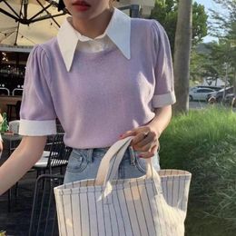 Women's T Shirts Girls Sweet Summer T-Shirts Woman's Patched Shirt Collar Short Puff Sleeve Thin Knitted Cropped Tshirt