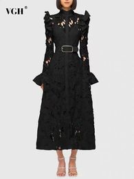 Basic Casual Dresses VGH Elegant Hollow Out Lace Dresses For Women Stand Collar Flare Sleeve High Waist Patchwork Belt A Line Folds Dress Female 231118