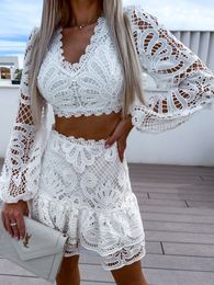 Two Piece Dress Skirt Set Guipure Patch with Cami Lace Embroidery Suit Women Matching Sets White Crop Top Mini Sexy Slim 230419