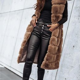 Women's Vests Women Vest Coat Faux Fur Horizontal Stripe Open Stitch Long Winter Jacket Sleeveless Solid Round Neck Thick Outerwear Daily 231118