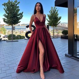 Spaghetti Deep V-Neck Prom Dresses Satin Sexy Backless Floor-Length Side Split Plus Size Graduation Cocktail Homecoming Party Gown 02