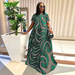 Plus Size Dresses Perl Green Printed Maxi Dress For Women Round Neck Short Sleeve Long Vintage Female Clothing Festival Wear