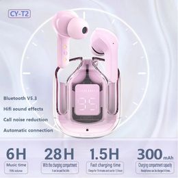 Cell Phone Earphones CY T2 Wireless Bluetooth Headset Transparent ENC Headphones LED Power Digital Display Stereo Sound for Sports Working 231117