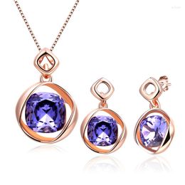 Necklace Earrings Set Fashion Women Square Purple Zircon Pendant Rose Gold Color Stud Party Wedding Jewelry Gift