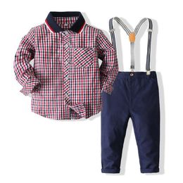 Boys Gentleman Clothing Sets Autumn Kids Formal Suits Long Sleeve Plaid Shirt+Suspenders Trousers Casual Boy Clothes