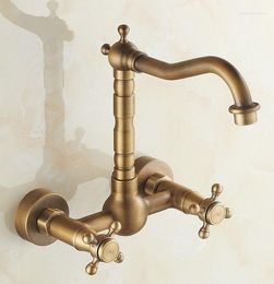 Kitchen Faucets Antique Brass Wall Mounted 2 Cross Handles Swivel Spout Bathroom Sink Basin Faucet Mixer Tap Anf052