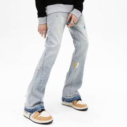 Mens Jeans Fashion Splash Ink Graffiti Vintage Baggy Men Flare Pants Elegant Washed Blue Hip Hop Denim Trousers Ropa Hombre 230419
